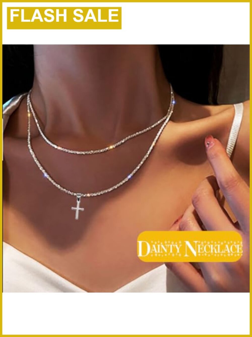 925 Sterling Silver Plated Layered Chain Necklace Cross Pendant Paperclip - Picture 4 of 6
